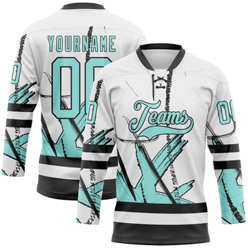 Custom White Ice Blue-Black 3D Pattern Abstract Splatter Paint Hockey Lace Neck Jersey