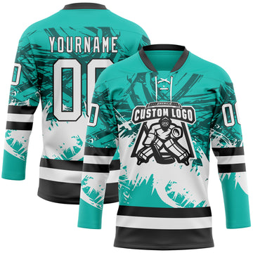 Custom Aqua White-Black 3D Pattern Abstract Splatter Paint Hockey Lace Neck Jersey