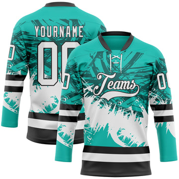 Custom Aqua White-Black 3D Pattern Abstract Splatter Paint Hockey Lace Neck Jersey