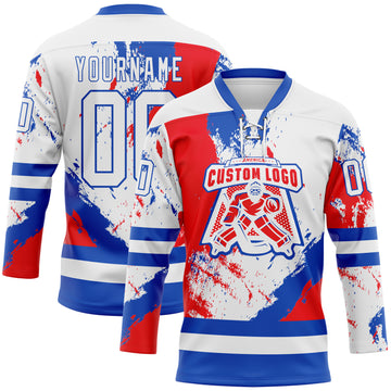 Custom White Thunder Blue-Red 3D Pattern Abstract Splatter Paint Hockey Lace Neck Jersey