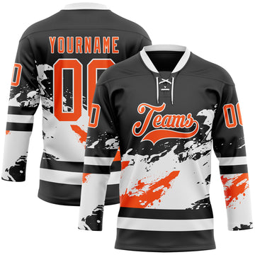 Custom Black Orange-White 3D Pattern Abstract Splatter Paint Hockey Lace Neck Jersey