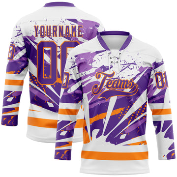Custom White Purple-Bay Orange 3D Pattern Abstract Splatter Paint Hockey Lace Neck Jersey
