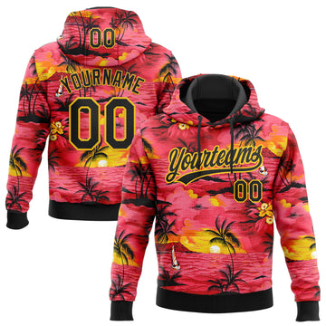 Custom Stitched Red Black-Yellow 3D Sun Beach Hawaii Palm Trees Sports Pullover Sweatshirt Hoodie