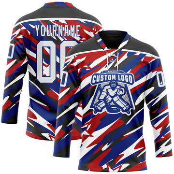 Custom Black White Red-Royal American Flag Hockey Lace Neck Jersey