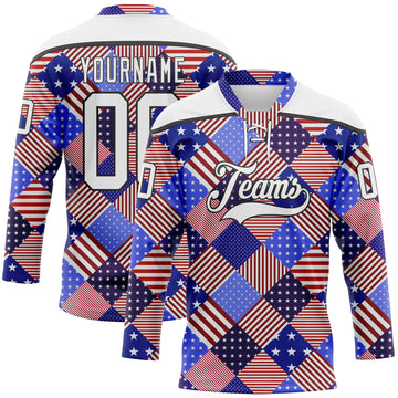 Custom White Royal Red-Black American Flag Hockey Lace Neck Jersey