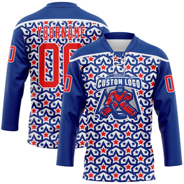 Custom Royal Fire Red-White American Flag Hockey Lace Neck Jersey