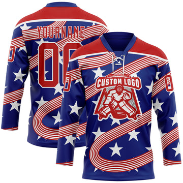 Custom Royal Red-White American Flag Hockey Lace Neck Jersey