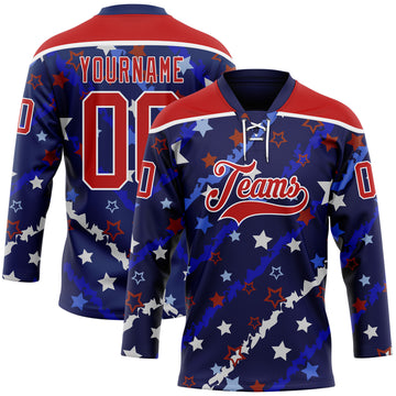 Custom Blue Red-White American Flag Hockey Lace Neck Jersey