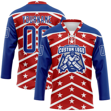 Custom Red Royal-White American Flag Hockey Lace Neck Jersey