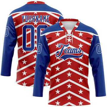 Custom Red Royal-White American Flag Hockey Lace Neck Jersey