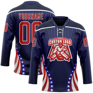 Custom Navy Red Royal-White American Flag Hockey Lace Neck Jersey