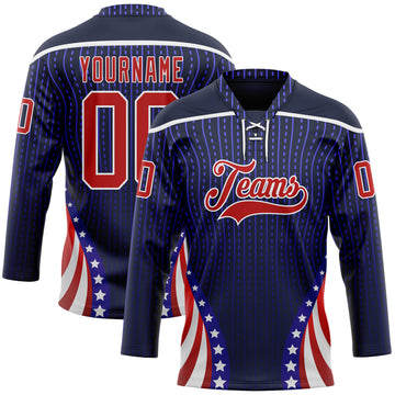 Custom Navy Red Royal-White American Flag Hockey Lace Neck Jersey