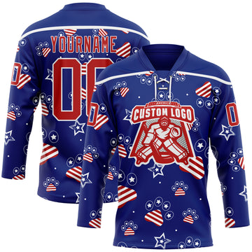 Custom Royal Red-White American Flag Hockey Lace Neck Jersey