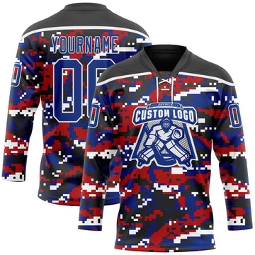 Custom Camo Royal Black-White American Flag Digital Camouflage Hockey Lace Neck Jersey