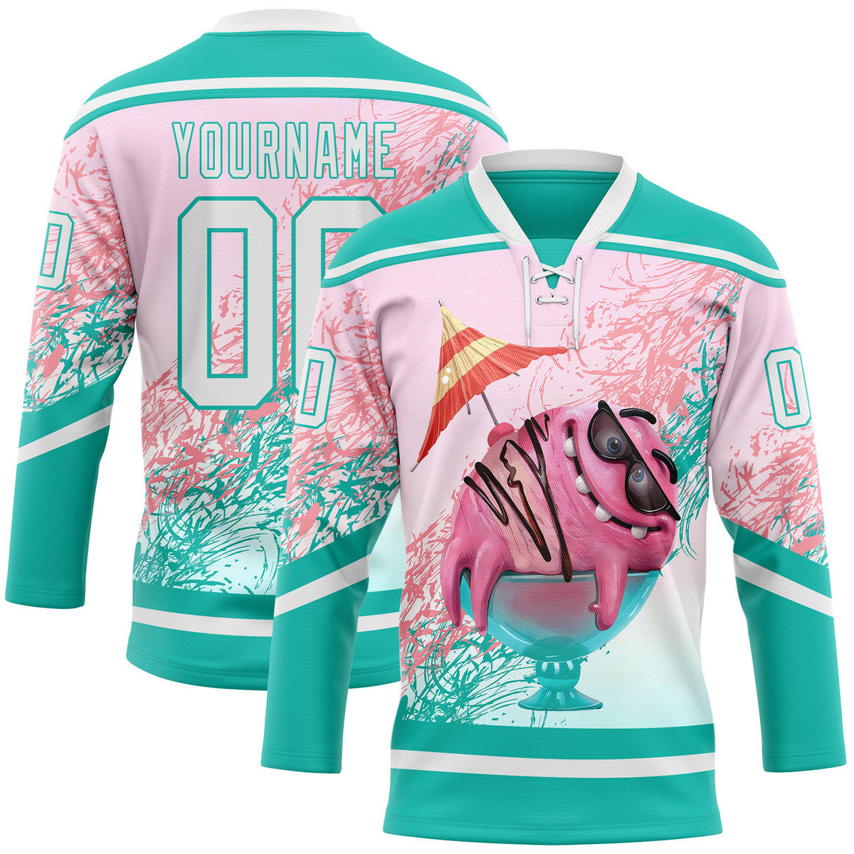 Custom Lace Neck Foodie Funny Ice Cream Hockey Jersey Aqua White Pink