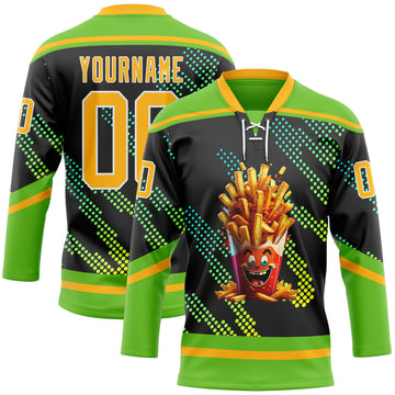 Custom Aurora Green Gold Black-White 3D Pattern Design Foodie Funny Fries Hockey Lace Neck Jersey