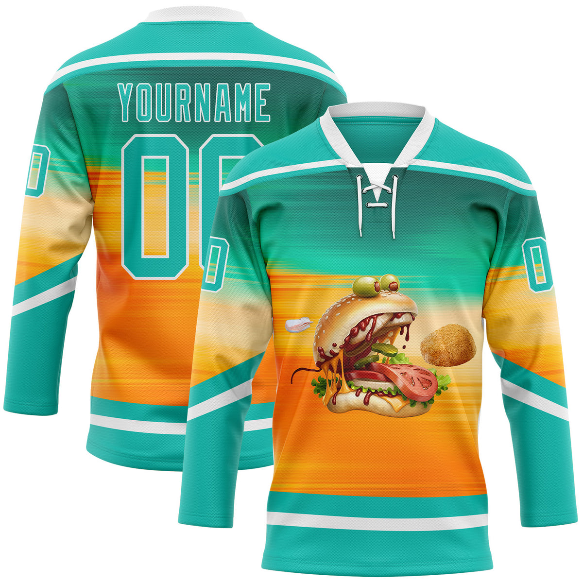 Custom Lace Neck Foodie Funny Hamberger Hockey Jersey Green Aqua Yellow ...