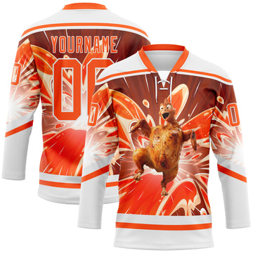 Custom White Orange 3D Pattern Design Foodie Funny Thanksgiving Turkey Hockey Lace Neck Jersey