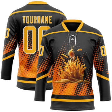 Custom Black Gold-White 3D Pattern Design Foodie Funny Fries Hockey Lace Neck Jersey