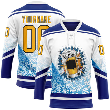 Custom Royal Gold Black-White 3D Pattern Design Foodie Funny Beer Hockey Lace Neck Jersey