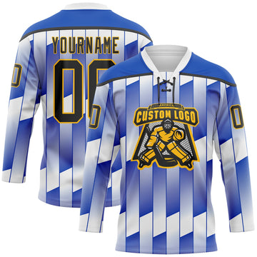Custom White Black Thunder Blue-Gold 3D Pattern Design Stripe Gradient Hockey Lace Neck Jersey