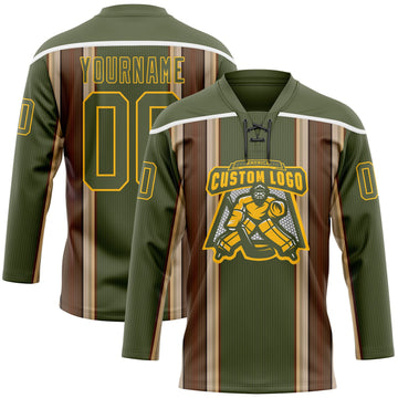 Custom Olive Brown Cream Gold-White 3D Pattern Design Stripe Hockey Lace Neck Jersey