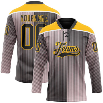 Custom Black Pink Gold-White 3D Pattern Design Stripe Gradient Hockey Lace Neck Jersey