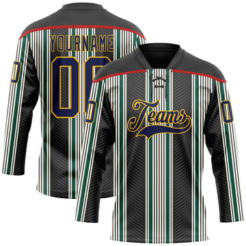 Custom Black Navy Green Red Gold-White 3D Pattern Design Stripe Hockey Lace Neck Jersey