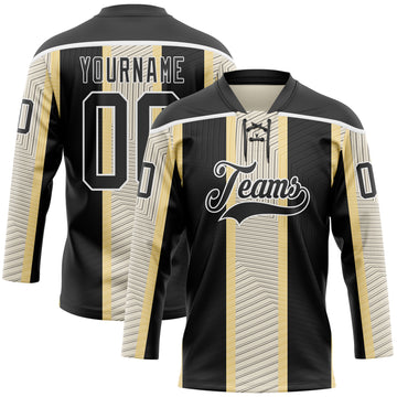 Custom Black Cream-White 3D Pattern Design Stripe Hockey Lace Neck Jersey