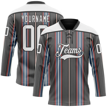 Custom Black White Red-Blue 3D Pattern Design Stripe Hockey Lace Neck Jersey