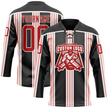 Custom Black Red Pink-White 3D Pattern Design Stripe Hockey Lace Neck Jersey