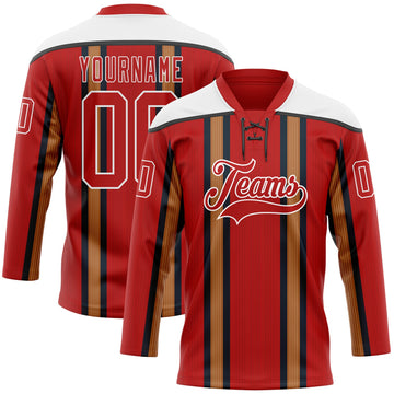 Custom Red Old Gold Black-White 3D Pattern Design Stripe Hockey Lace Neck Jersey