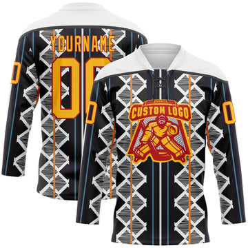 Custom Black Gold Blue Red-White 3D Pattern Design Stripe Geometric Hockey Lace Neck Jersey
