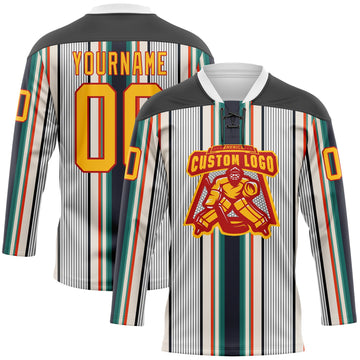 Custom White Gold Black Cream Green-Red 3D Pattern Design Stripe Hockey Lace Neck Jersey