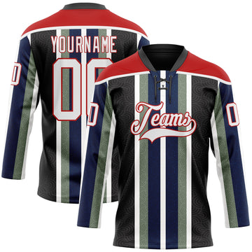 Custom Black White Green Navy-Red 3D Pattern Design Stripe Hockey Lace Neck Jersey