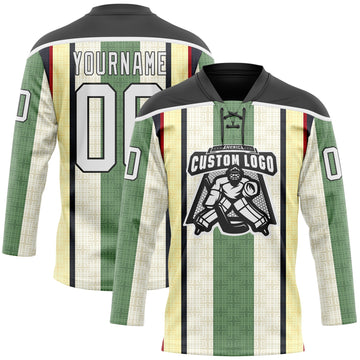 Custom Green White Cream Black-Red 3D Pattern Design Stripe Hockey Lace Neck Jersey
