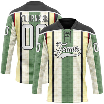 Custom Green White Cream Black-Red 3D Pattern Design Stripe Hockey Lace Neck Jersey