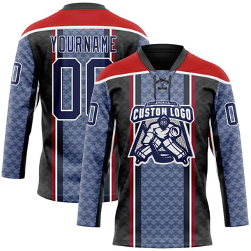 Custom Blue Navy Black Red-White 3D Pattern Design Stripe Hockey Lace Neck Jersey