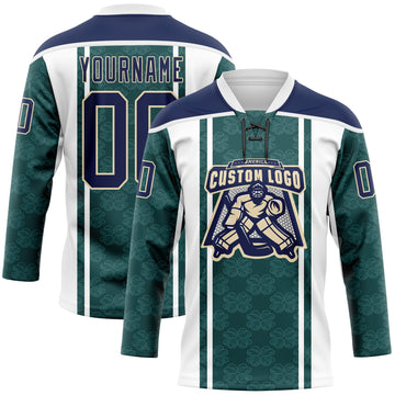 Custom Green Navy White-Cream 3D Pattern Design Stripe Hockey Lace Neck Jersey
