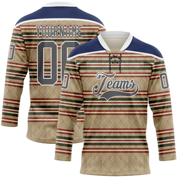Custom Old Gold Steel Gray Red Cream-White 3D Pattern Design Stripe Hockey Lace Neck Jersey