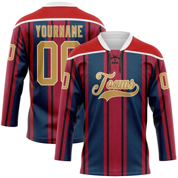 Custom Red Old Gold Navy White-Cream 3D Pattern Design Stripe Hockey Lace Neck Jersey