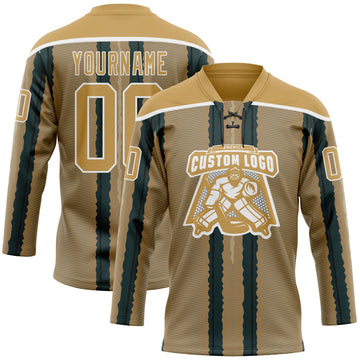 Custom Old Gold Green Black-White 3D Pattern Design Stripe Hockey Lace Neck Jersey