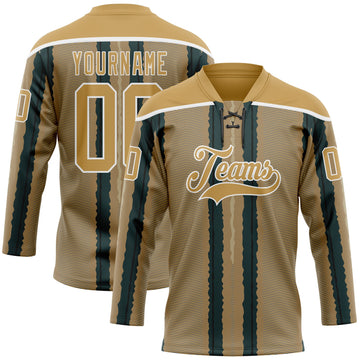 Custom Old Gold Green Black-White 3D Pattern Design Stripe Hockey Lace Neck Jersey