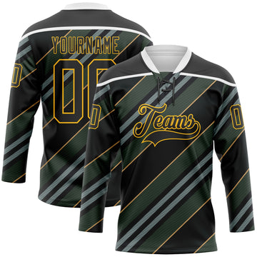 Custom Black Gold-White 3D Pattern Design Stripe Hockey Lace Neck Jersey