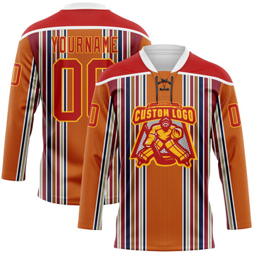 Custom Orange Red Blue Gold-White 3D Pattern Design Stripe Hockey Lace Neck Jersey