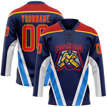 Custom Navy Fire Red Gold Blue-White 3D Abstract Pattern Graphic Cyber Mecha E-sport Hockey Lace Neck Jersey