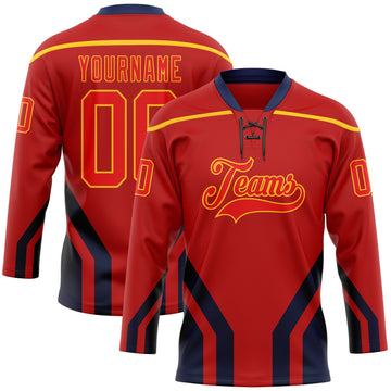 Custom Red Fire Red Gold-Navy 3D Abstract Pattern Graphic Cyber Mecha E-sport Hockey Lace Neck Jersey