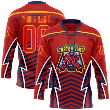 Custom Red Fire Red Gold Navy-White 3D Abstract Pattern Graphic Cyber Mecha E-sport Hockey Lace Neck Jersey