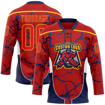 Custom Red Fire Red Gold Navy-White 3D Abstract Pattern Graphic Cyber Mecha E-sport Hockey Lace Neck Jersey