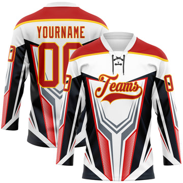 Custom White Red Yellow Black Gray-White 3D Abstract Pattern Graphic Cyber Mecha E-sport Hockey Lace Neck Jersey